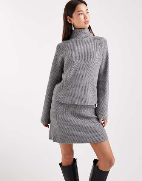 Object rib knitted roll neck jumper and mini skirt co-ord in grey - view 1
