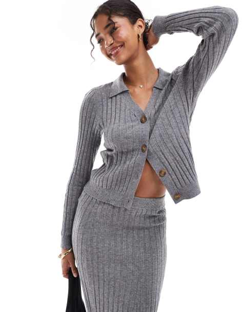 Object ribbed buttondown polo top co-ord in medium grey melange - view 1