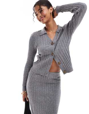 Object Ribbed Buttondown Polo Top In Medium Gray Melange - Part Of A Set