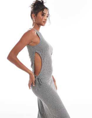 ribbed jersey midi dress in gray melange-Black