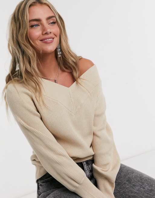 Object ribbed jumper with v neck in beige ASOS