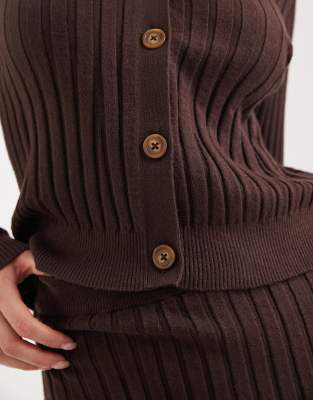 Object Ribbed Knit Button Front Polo In Brown