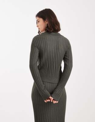 Object Ribbed Knit Button Front Polo In Green