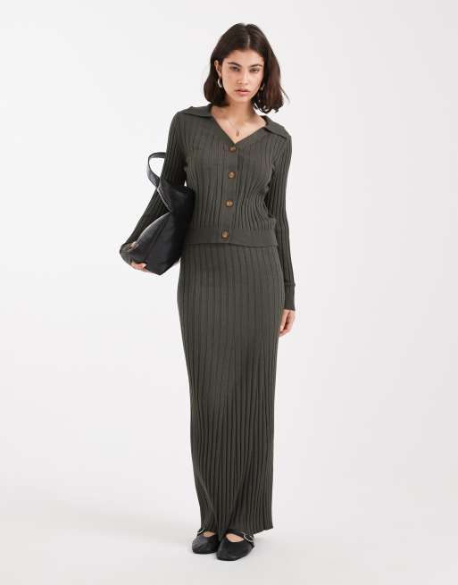 Object ribbed knit button front polo in deep khaki green - part of a set, 3 of 4