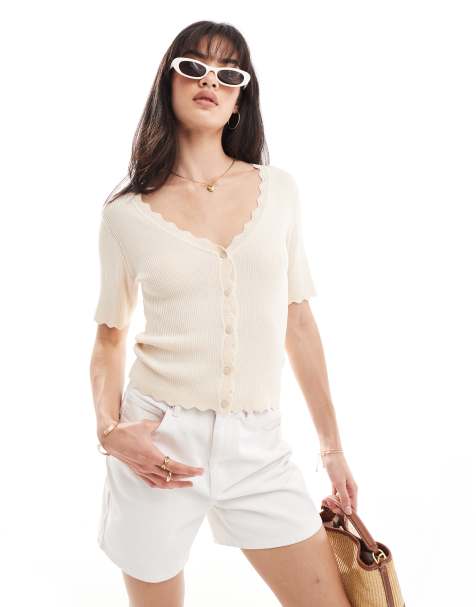 Object ribbed knit buttondown cardigan in cream - view 1