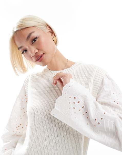 Object ribbed knit sweater with wide eyelet sleeves in white - view 1