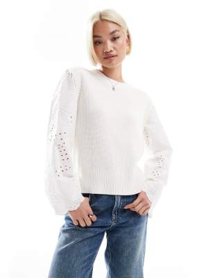 Object Ribbed Knit Sweater With Wide Eyelet Sleeves In White