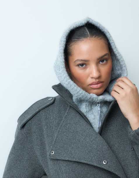 Object ribbed zip balacava in light grey melange - view 1