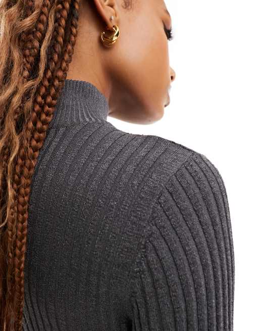 Object - Ribstrikket bodycon-midikjole med høj hals og metallisk glimmer i grå, 4 af 4