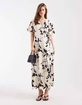 Robe cache-caur longue à imprimé fleurs contrastant-Blanc 36-38