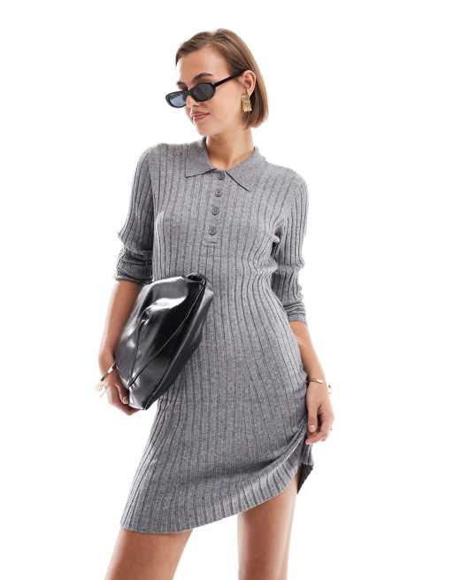 Object - Robe courte en maille à col boutonné - Gris moyen chiné