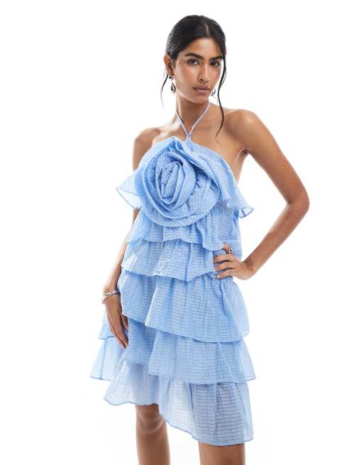 Object - Robe courte nouée autour du cou avec détail fleur oversize - Bleu, 4 de 4