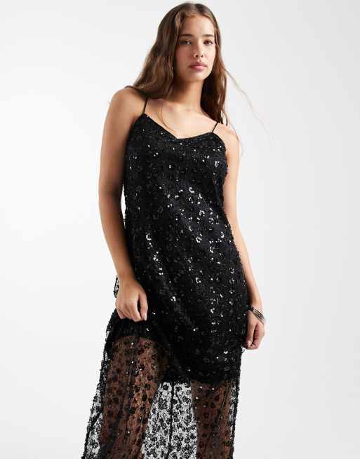 Object - Robe longue à bretelles fines avec fleurs ornées de sequins - Noir , 3 de 4