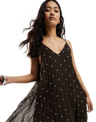 Object plisse swing cami maxi dress in brown polka dot - ASOS Price Checker