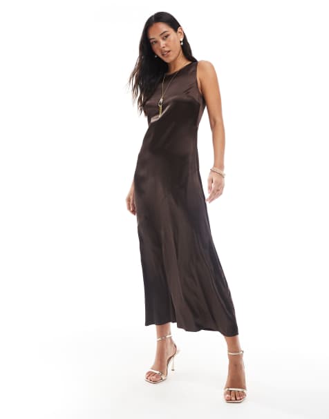Object - Robe longue texturée en satin à col montant - Chocolat - view 1