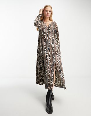 Object long sleeve midi dress in brown abstract print - ASOS Price Checker