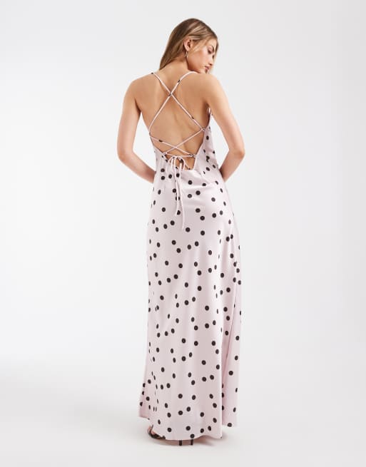 Object - Robe nuisette longue en satin à pois avec dos échancré et bretelles croisées - Rose pâle/marron, 2 de 4