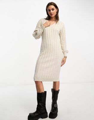 Object v neck knitted ribbed jumper dress in soft stone - ASOS Price Checker