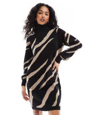 roll neck knitted dress in abstract zebra print-Black