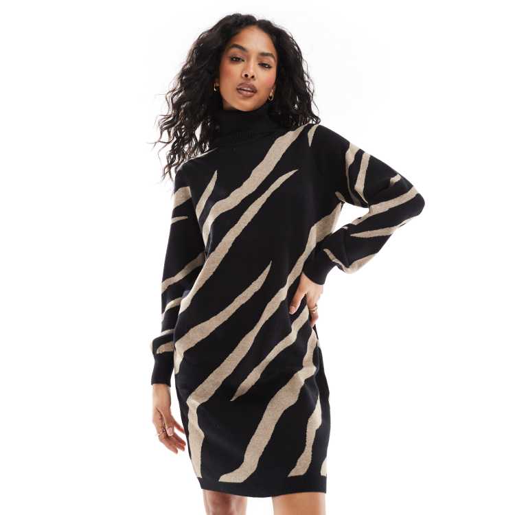 Object roll neck knitted dress in abstract zebra print