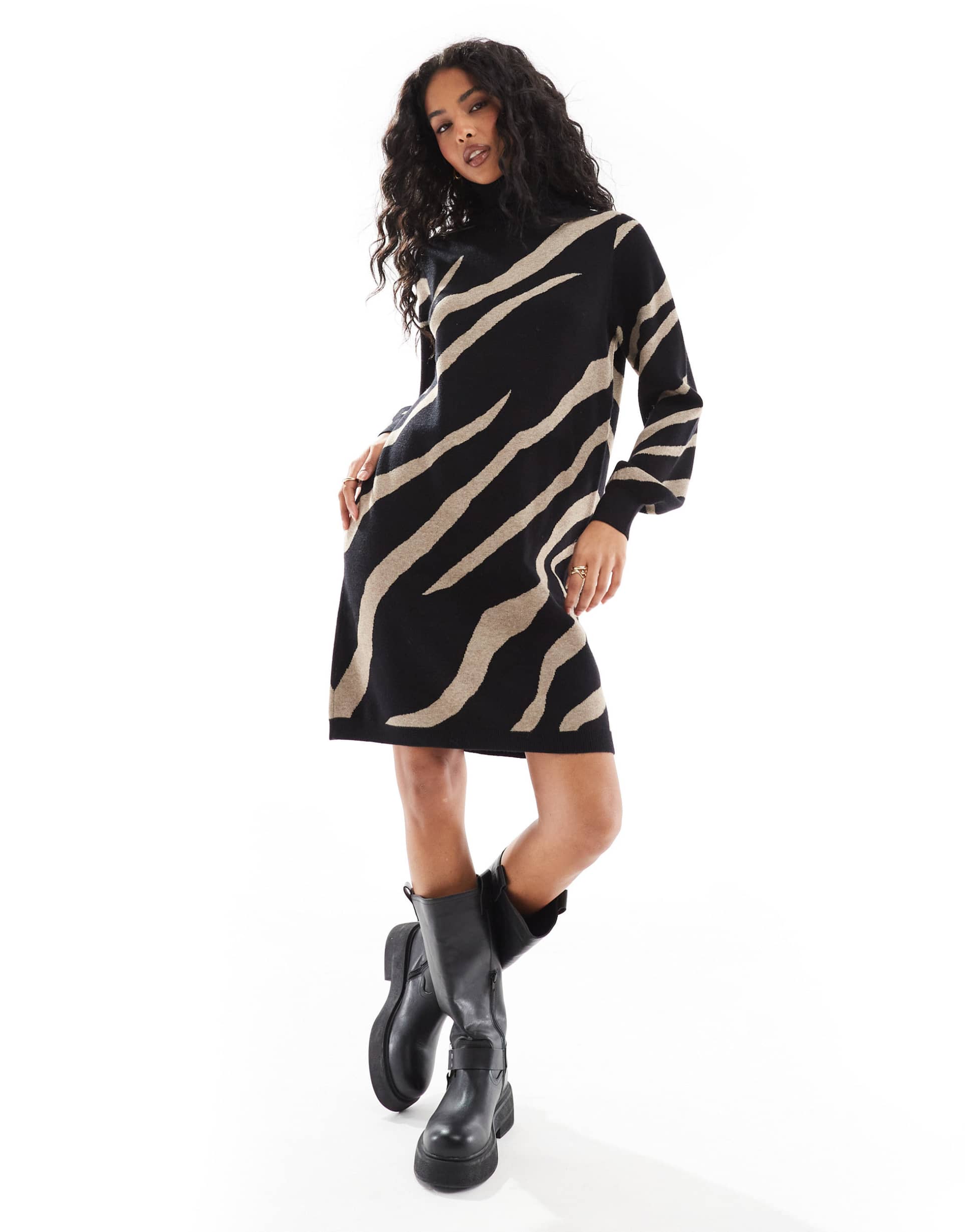 object roll neck knitted dress in abstract zebra print