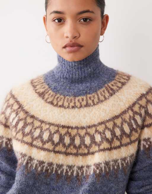 Object roll neck knitted fairisle jumper in blue, 2 of 4