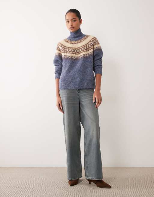Object roll neck knitted fairisle jumper in blue, 3 of 4