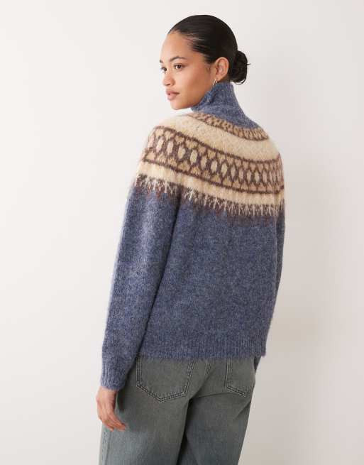 Object roll neck knitted fairisle jumper in blue, 4 of 4