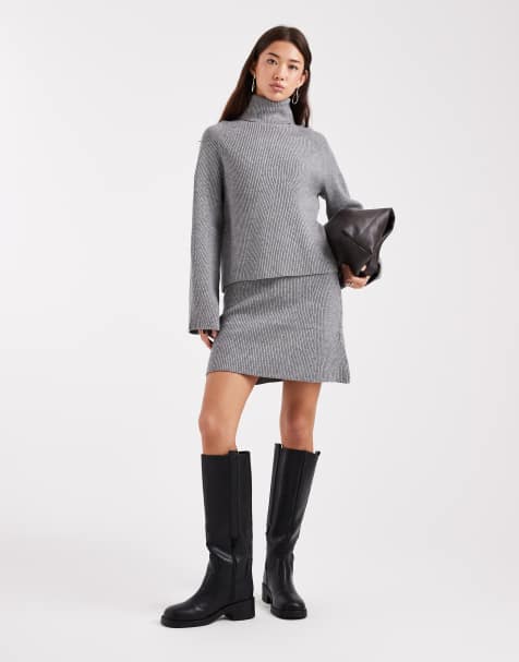 Object roll neck knitted jumper co-ord in grey - view 1