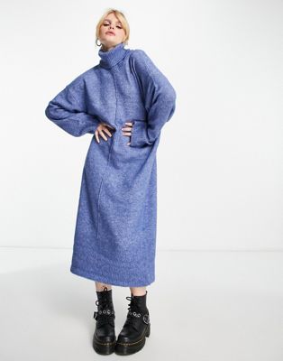Object roll neck knitted midi dress in blue