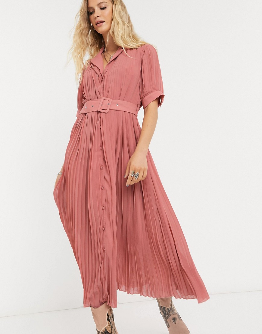 Object – Rosa plisserad midiklänning med knytskärp och puffärm-Flerfärgad