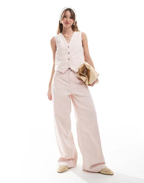 Object – Rosarandigt set i denim med kostymväst och jeans med vida ben - view 1