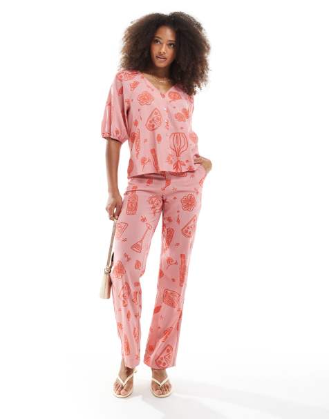 Object wide high waisted trouser co-ord in rose pink sketch print