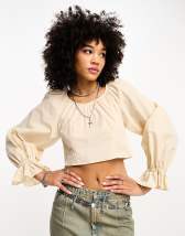 ASOS DESIGN linen top with lace up front & volume sleeve in oatmeal