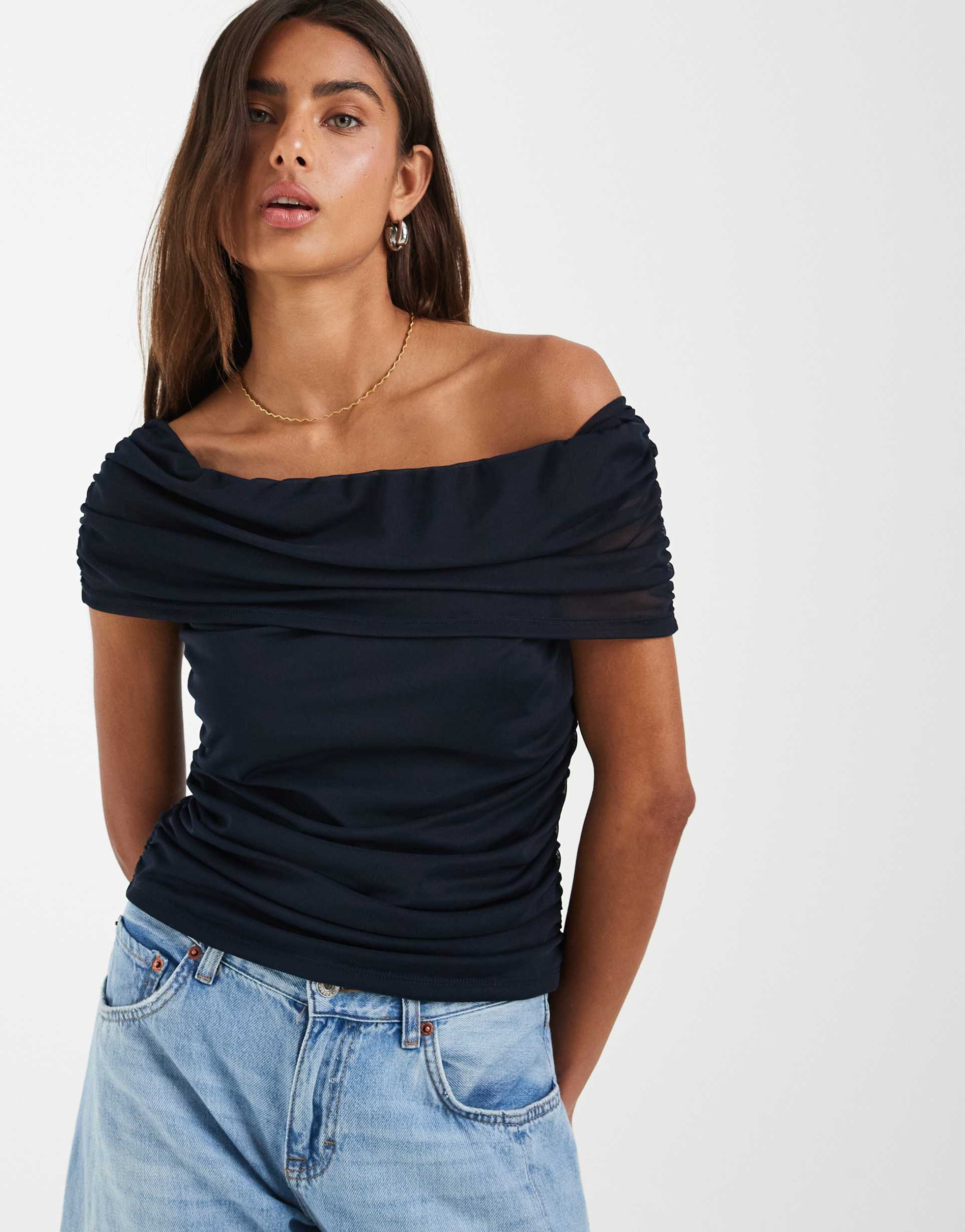 object ruched mesh off the shoulder top in navy
