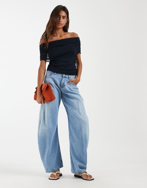 Object ruched mesh off the shoulder top in navy, 2 of 4