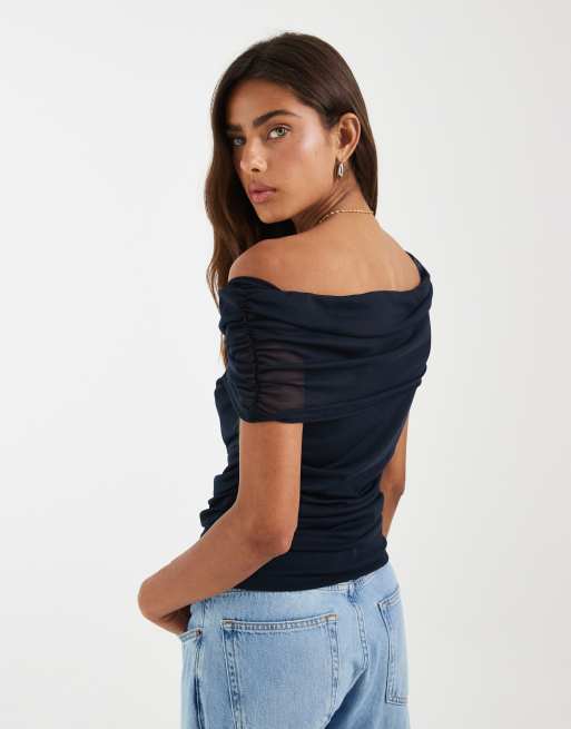 Object ruched mesh off the shoulder top in navy, 3 of 4