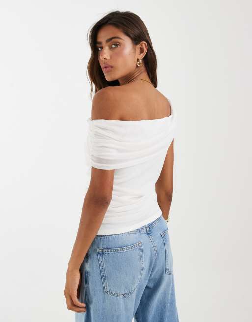 Object ruched mesh off the shoulder top in white, 4 of 4