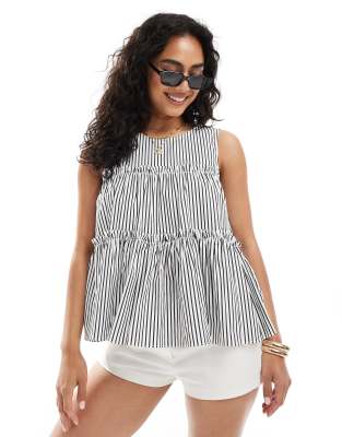 ruched peplum top in black and white stripes-Multi