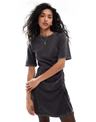 ruched side mini t-shirt dress in washed gray