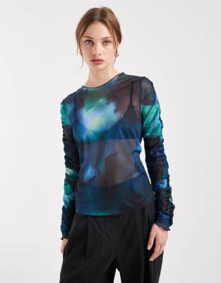 Object Object ruched sleeve blurred floral top in blue tones