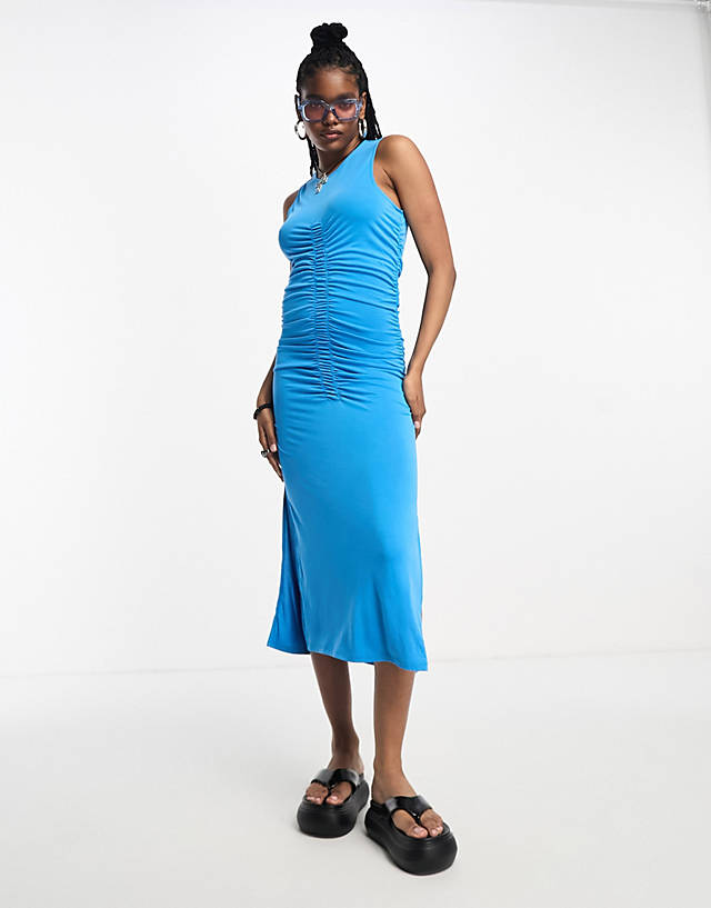 Object - ruched sleeveless jersey midi dress with ruched front in blue