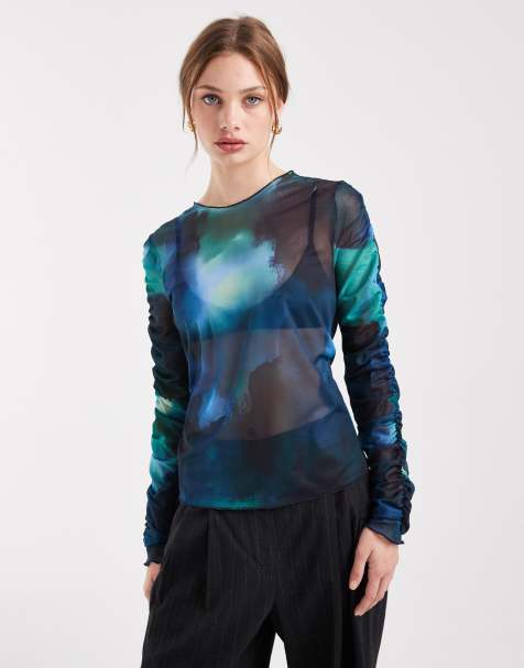 Object ruched sleeves blurred floral top in blue tones - view 1