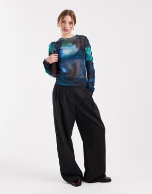 Object Ruched Sleeves Blurred Floral Top In Blue