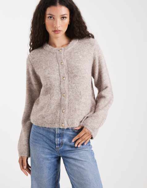 Object Saggia ribbed crew neck stretch knitted drop shoulder cardigan in white - view 1