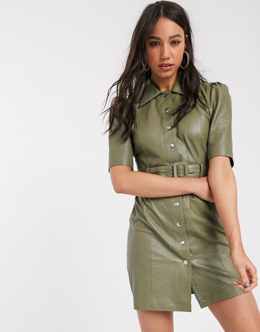 Object – Salviafärgad skjortklänning i läder-Grön