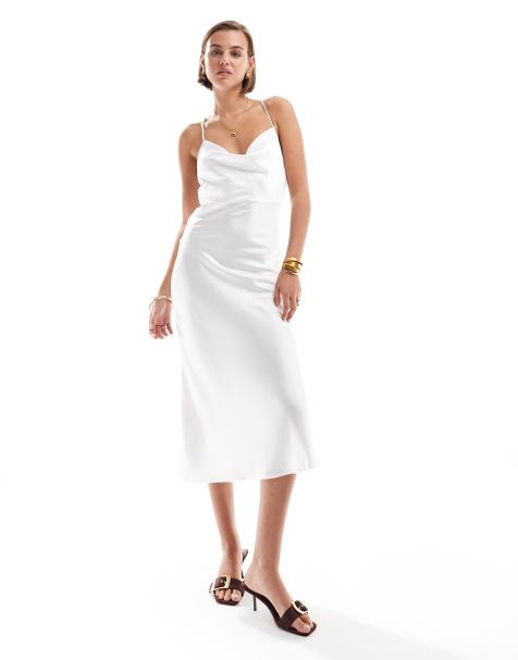 Object - Satijnen midi-slipdress met gedrapeerde halslijn in gebroken wit - view 1
