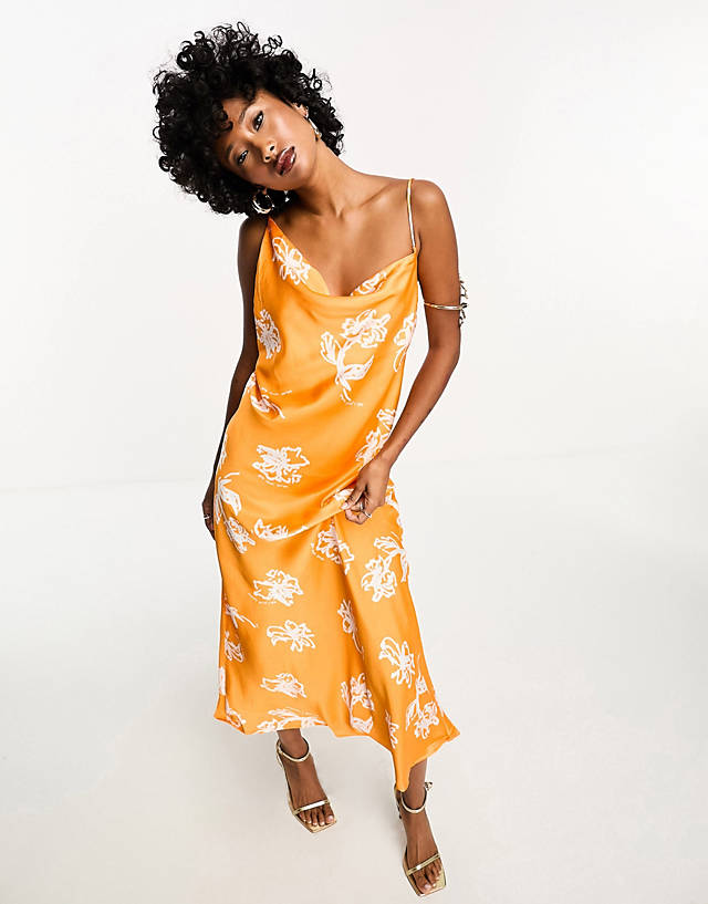 Object - satin asymmetric strap cami maxi dress in orange print