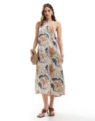 satin halter maxi dress in neutral tie dye print-Multi