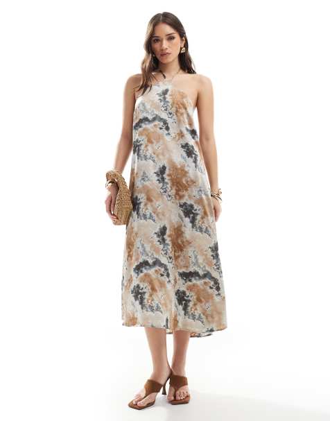 Object satin halter maxi dress in neutral tie dye print - view 1